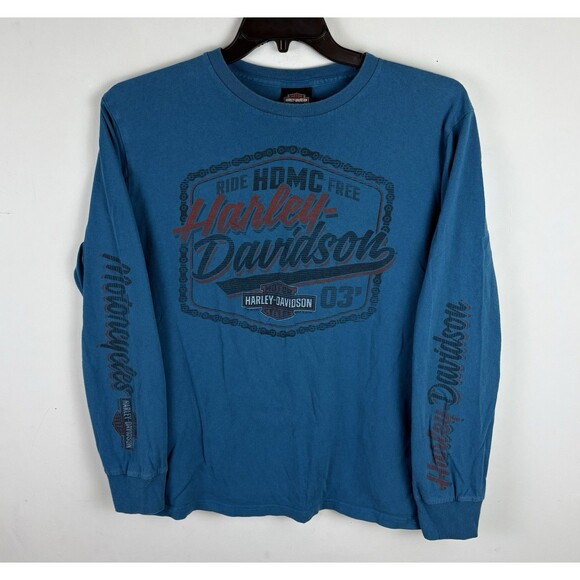Y2K Harley Davidson Graphic T-Shirt / Long Sleeve / Blue / Size Large / Ohio - Picture 1 of 7